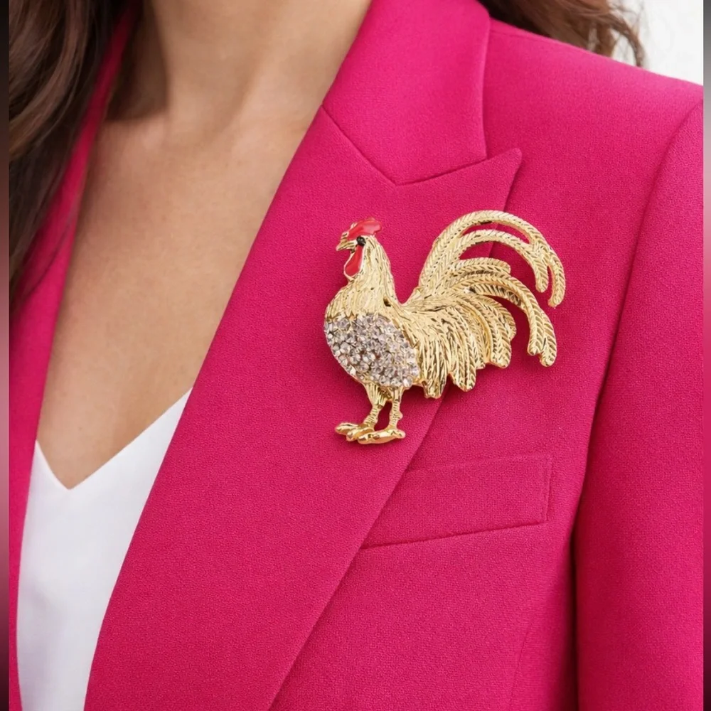 Gold Rooster Brooch Rhinestone Farmhouse Chic Pin NWT